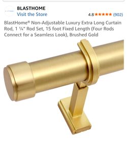 BlastHome® 15 Foot Non-Adjustable Luxury Extra Long Curtain Rod, 1 ¼” Rod Set, 15 foot Fixed Length (Four Rods Connect for a Seamless Look), Brushed G