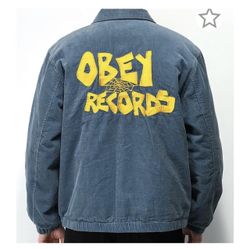 Obey Records blue corduroy jacket spiderweb Mens XXL