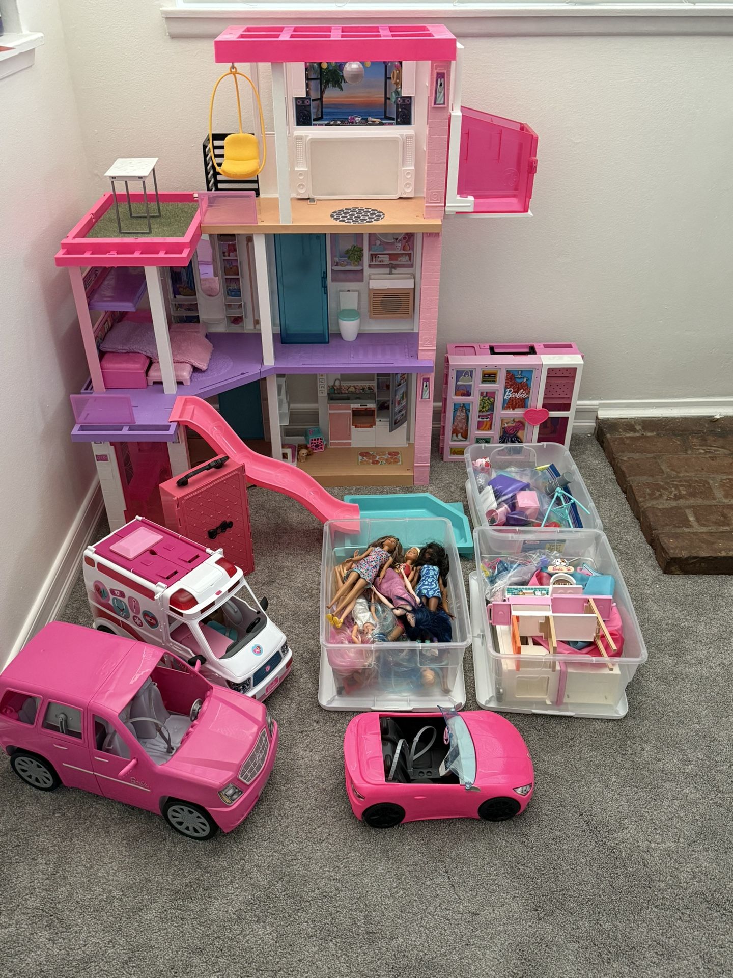 Barbie Dream House, Ambulance, Corvette, Party Bus, Vet Clinic, Closets, Dolls, Clothes, Accessories