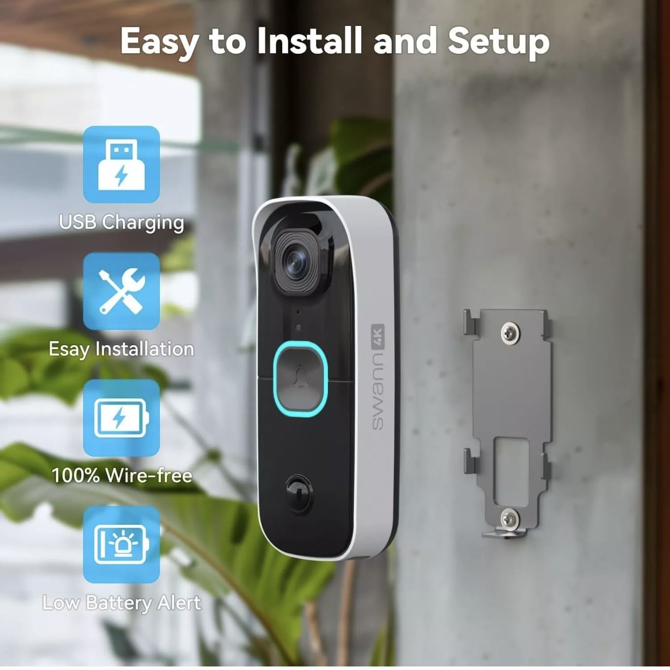 Swann Buddy4K UHD Wireless Video Doorbell & Chime Ultra Wide 165° View Smart