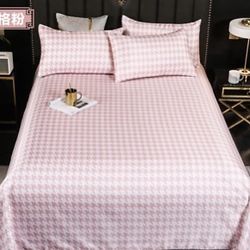 4 Pcs Set Cotton Pink Plaid Bedding Set, with Zipper Closure,.Fit Twin&Twin XL