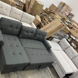 L-Shaped Polyester Fabric Reversible, Easy Convertible Pull-Out Sleeper Sectional Sofa/Storage Chaise with Tufted Back Cushions and Track Arms ($300 e