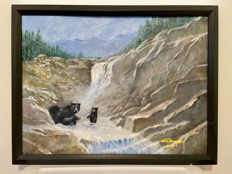 Original Framed Wildlife Painting - Black Bears & Waterfall (26" x 20.5")