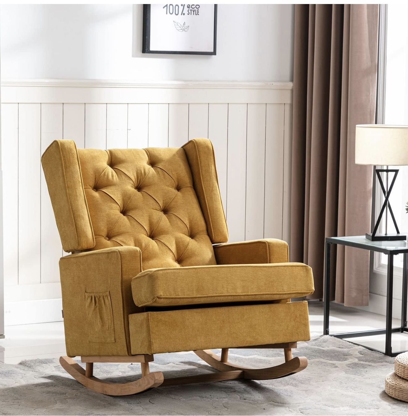 Rocking Chair Nursery,Upholstered Glider Chair for Nursery,Mid Century Modern Oversized Wingback Armchair for Living Room(Mustard Yellow)