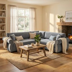 88" L-Shaped Sleeper Sofa with Pull-Out Bed, Chenille Upholstery, 5-Seat, Grey