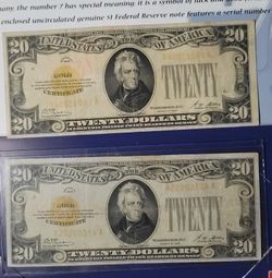 Series 1928 $20 United States Gold Certificate Gold Seal Note Lot of 2