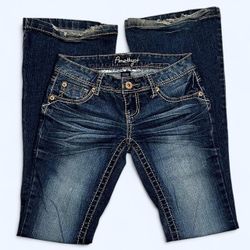 Amethyst Size 1 Dark Wash Bootcut Flared Low Rise Denim Blue Jeans Tan