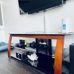 Mahogany TV Entertainment Stand With Black Glass Shelves