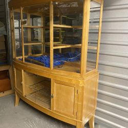Antique Wood And Glass 2 Piece China Hutch Set