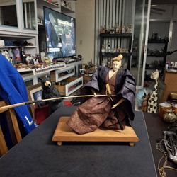 Vintage Japanese Daimyo Samurai Washi Paper Mache Doll Handcrafted & Hand-painted On Wooden Stand-Tag On Bottom Has $75 Purchase Price 11"H X 10"W