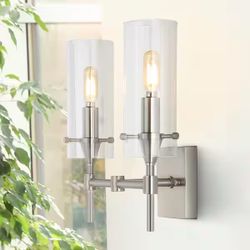 JONATHAN Y Cato 13.5 in. 2-Light Nickel/Clear Modern Farmhouse Iron/Glass LED Vanity Light