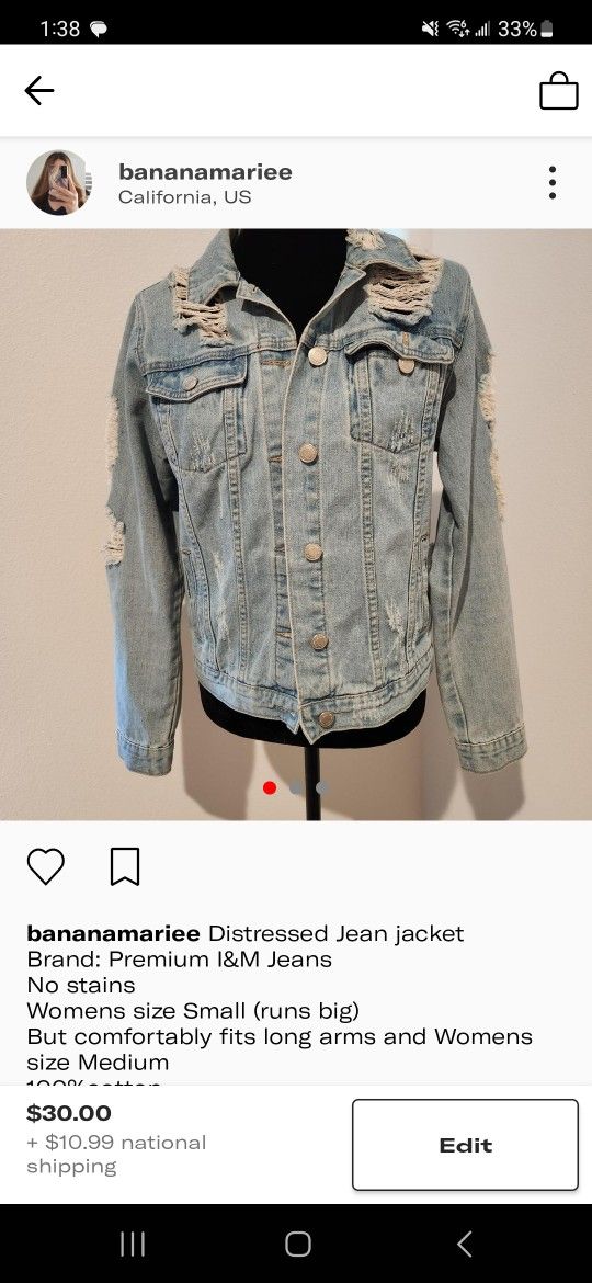 Distressed Jean Jacket 100% Cotton