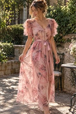 Candalite Blush Pink Floral Mesh Maxi Dress Size Small Romantic Fairycore Flutter Sleeve NWT