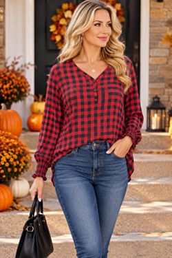 Maurices Women’s L Red/Black Plaid V-Neck Blouse Woven Polyester Smocked