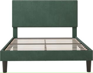 SHA CERLIN Queen Platform Velvet Bed Base with Vertical Channel Tufted Headboard, Corduroy Upholstery, Strong Wooden Slats, No Box Spring Needed, Easy