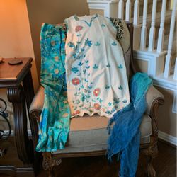 Cotton appliqué embroidery ivory Indian dress with the blue Hue