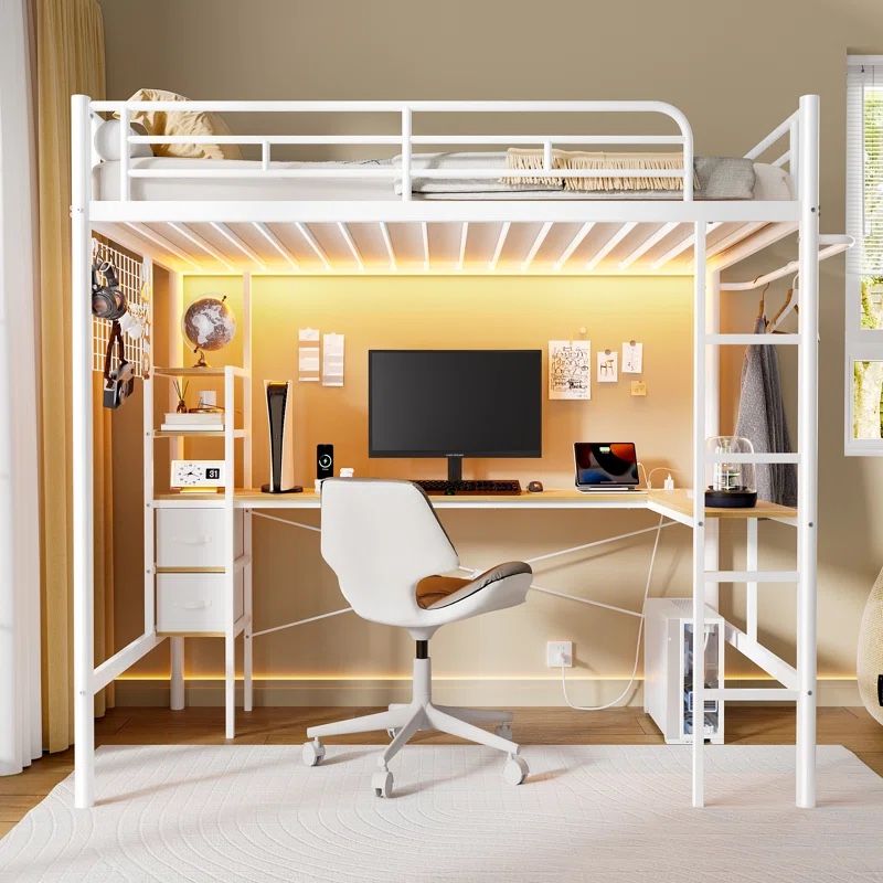 Twin Metal Loft Bed with L-Shaped Desk, Loft Bed Frame with Charging Station, Storage Bed with 2 Drawers & Open Shelf, Safety Guard & Ladder