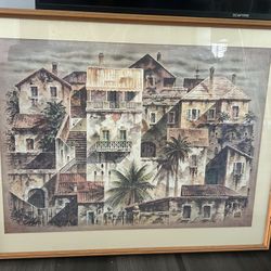Vintage Framed Avery Fischer Johnson Print "Houses In Harmony" 36x28"