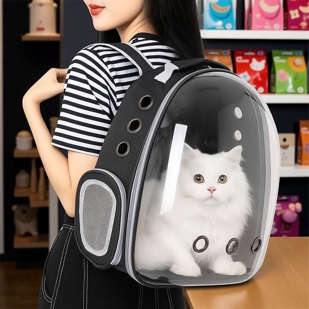 Black| New! Space Capsule Pet Carrier Backpack – For Small Cats & Dogs  Breathable Bubble Window | Airline-Approved | Oxford Cloth | Travel & Hiking 