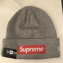 Supreme, New Era Beanie Grey Red Box Logo