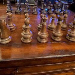 Hand Carved Wood Chess Set with Wooden Chest of 2 Drawers to Hold Chest Pieces Made by Jonathan Charles 5"- 5¾" high. Chest is 22½"W x 17"D x 11¼H