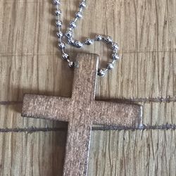 Wooden Cross Charm with Silver Ball Chain 