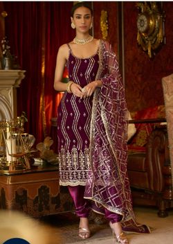 Purple Embroidered Velvet Straight Suit