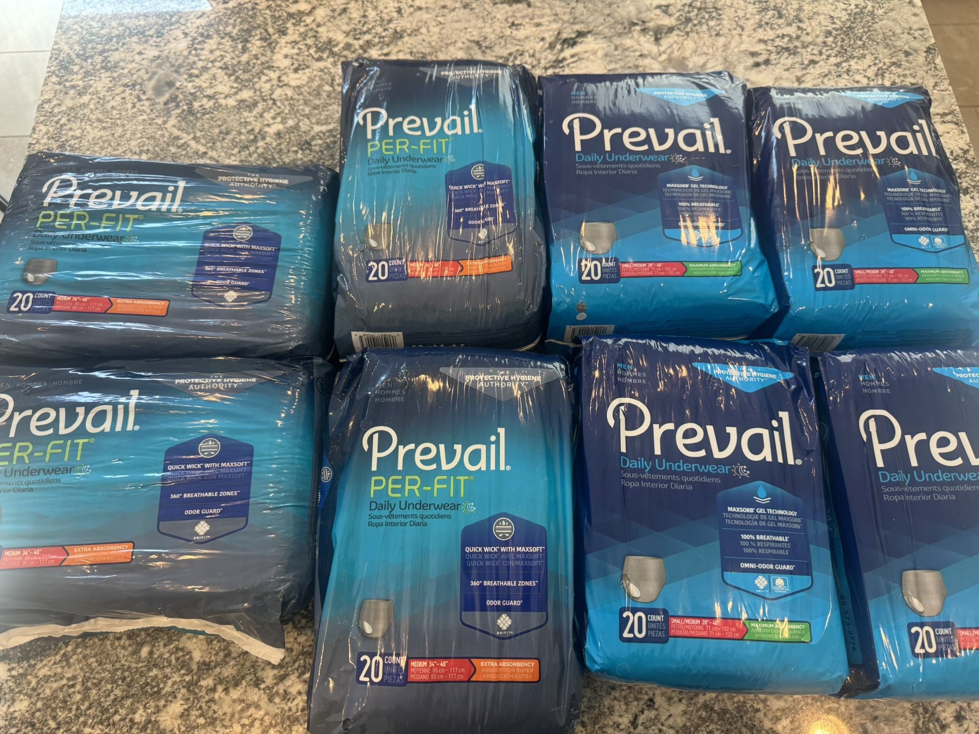Prevail daily underwear 4 small 4 medium packages 20 count 10$ each 