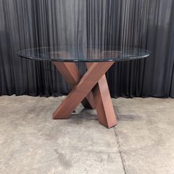 Round Glass Dining Table with Geometric Wood Base
