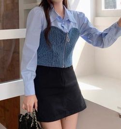 Blue Denim Corset Overlay Long Sleeve Top