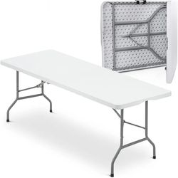 MoNiBloom 8ft Heavy Duty Folding Table, Indoor Outdoor Portable Plastic Wedding Event Picnic Table with Steel Legs and Handle, White