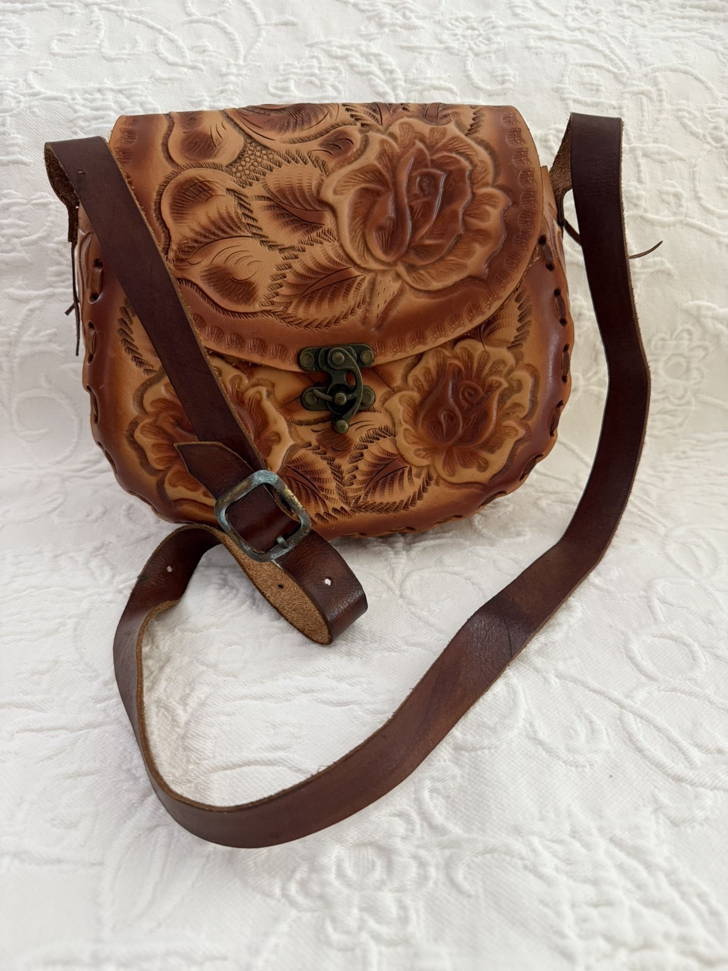 Genuine 1970's Rose Tooled Hippie Thick Leather Shoulder Bag
