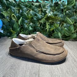 Olukai Mens Moloa Slipper Shoe Size 9 Brown Leather Sherpa Loafer Convertible