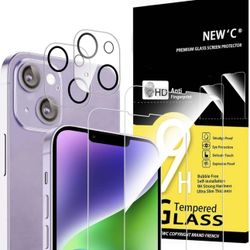 NEW'C [4 Pack, 2 x Glass Screen Protector for iPhone 14 Plus (6,7") and 2 x Camera Tempered Glass for Camera Protection, Scratch-Resistant, Extremely