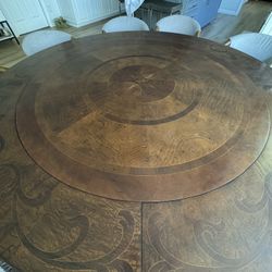 Beautiful 76” extension solid wood table with gorgeous etchings and 10 mid century modern chairs