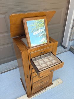 Wooden Standing Jewelry Armoire with Mirror