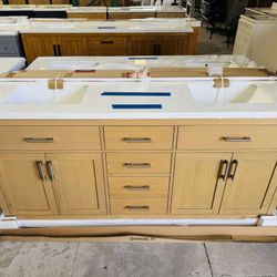 Brand New Bathroom Vanity in Teak color, Soft Close Solid Wood with Top in White  Available in 72” $1219, 60” $979 and 48” $819 