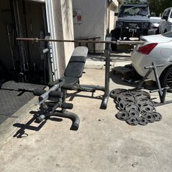 Bench press/squat rack with 7ft 45lbs bar plus 255lbs of Olympic weights and weights tree