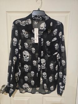 💀New Royal Bones Skull Print Black & White Sheer Blouse Size M( Reseda ca)