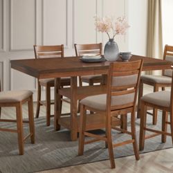 7 Pc Brown Wooden Counter Table W 18” Leaf Set 