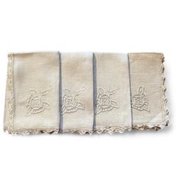 4 Vintage Linen Napkins- embroidered  roses cutwork 10 1/2 x 11 in