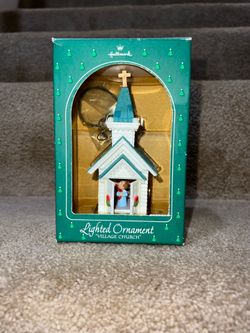 Hallmark Christmas Ornament Lighted Village Church Altar Boy Inside mint 1984