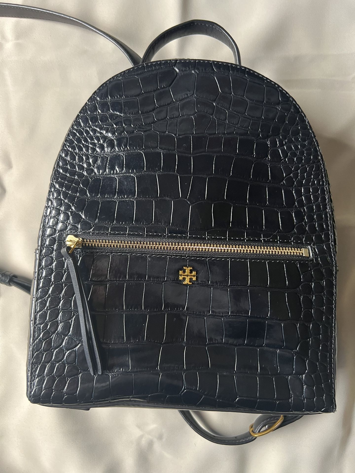 Tory Burch Croc Embossed Black Leather Backpack