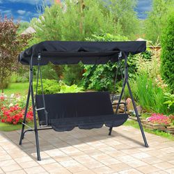 3-Person Steel Outdoor Slight Fabric Porch Swing with Canopy - Black