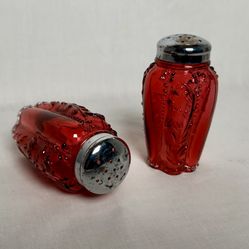Antique Northwood, Panel and Sprig Design, Cranberry Rubina Glass S&P Shakers