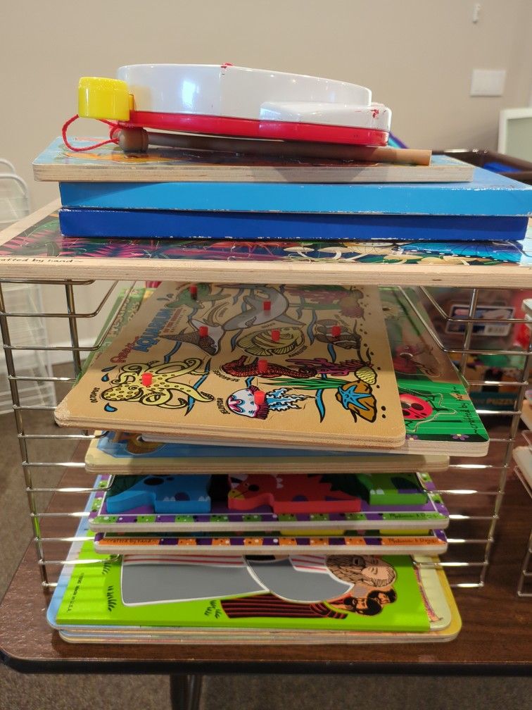 Lot Of Bible Story Wood Puzzles w/Storage Racks