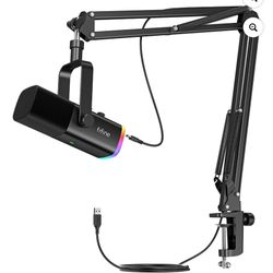 FIFINE AM8T USB XLR Dynamic Gaming Microphone for PC PS5, Streaming Computer Microphone Kit with Boom Arm Stand, RGB, Mute, Headphone Jack for Podcast