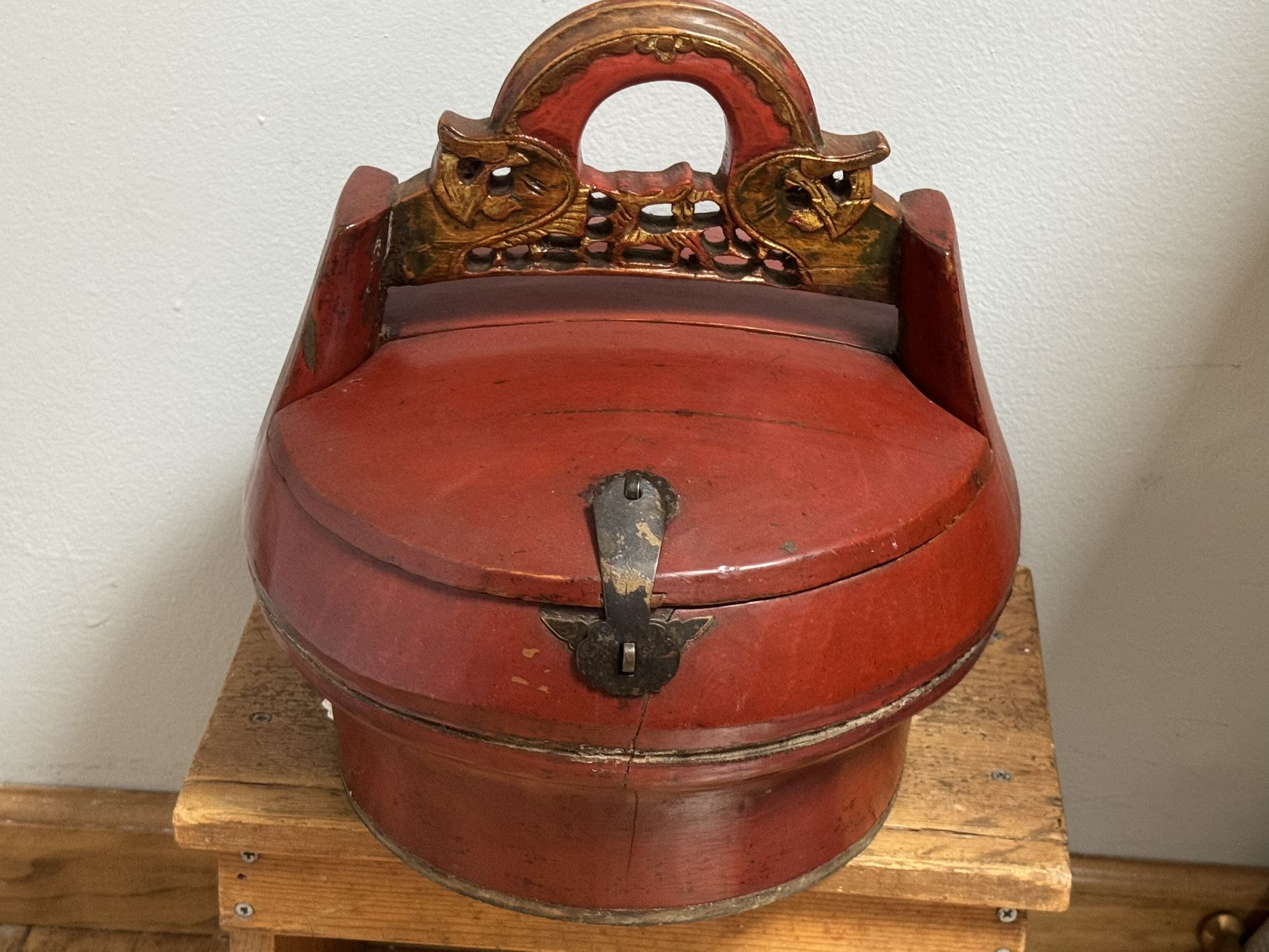 Antique Chinese Red Lacquer Wedding Basket