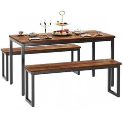 Kitchen Table Set with 2 Benches, Bench Dining Table Set for 4, 3 Piece Dining Room Table and Long Benches, Breakfast Table Coffee Table Set