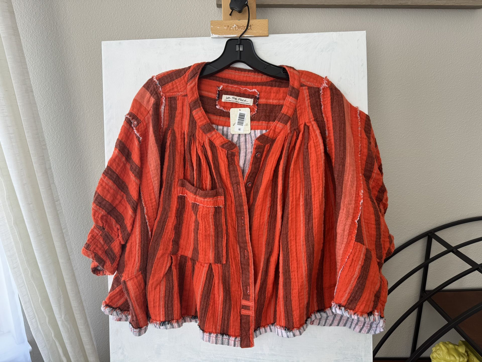 NWT We the Free Women's Lisbon Yarn- NWT Dyed Stripe Button Up Shirt In Red Combo XS